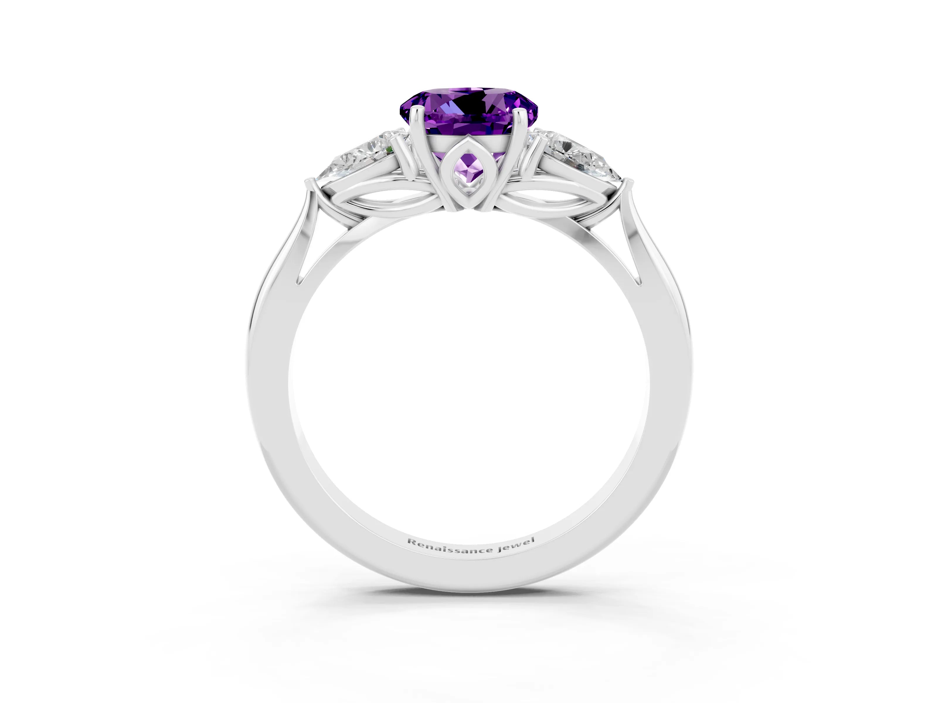 White gold Three-Stone Round Cut Cut Diamond Ring with Pear Side Stones in Four-Prong Setting_3