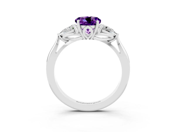 Silver Three-Stone Round Cut Amethyst Ring with Pear  Side Stones in Four-Prong Setting