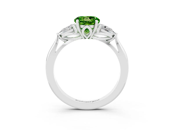 Silver Three-Stone Round Cut Cut Diamond Ring with Pear Side Stones in Four-Prong Setting