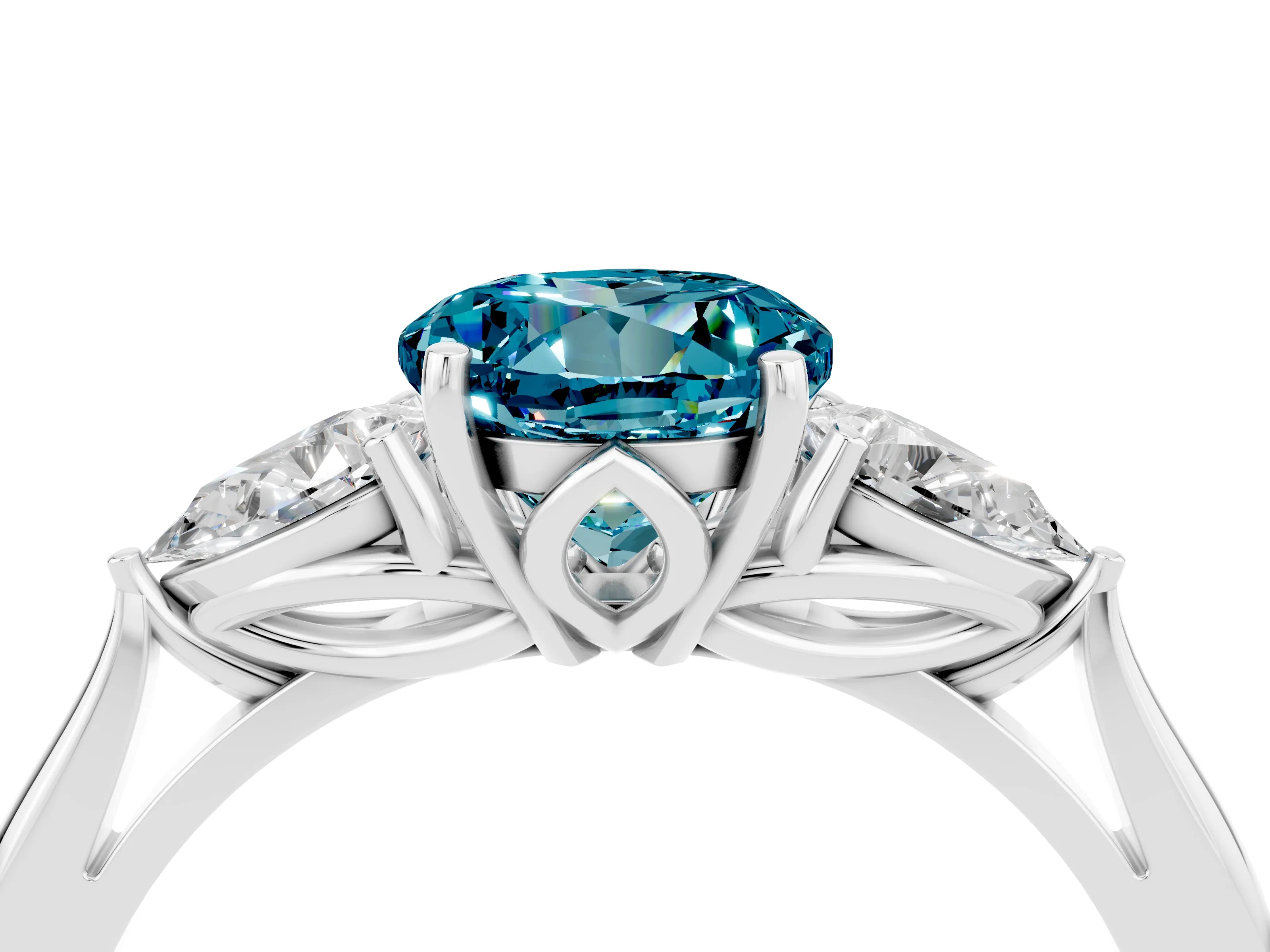 White gold Three-Stone Round Cut Cut Diamond Ring with Pear Side Stones in Four-Prong Setting_4