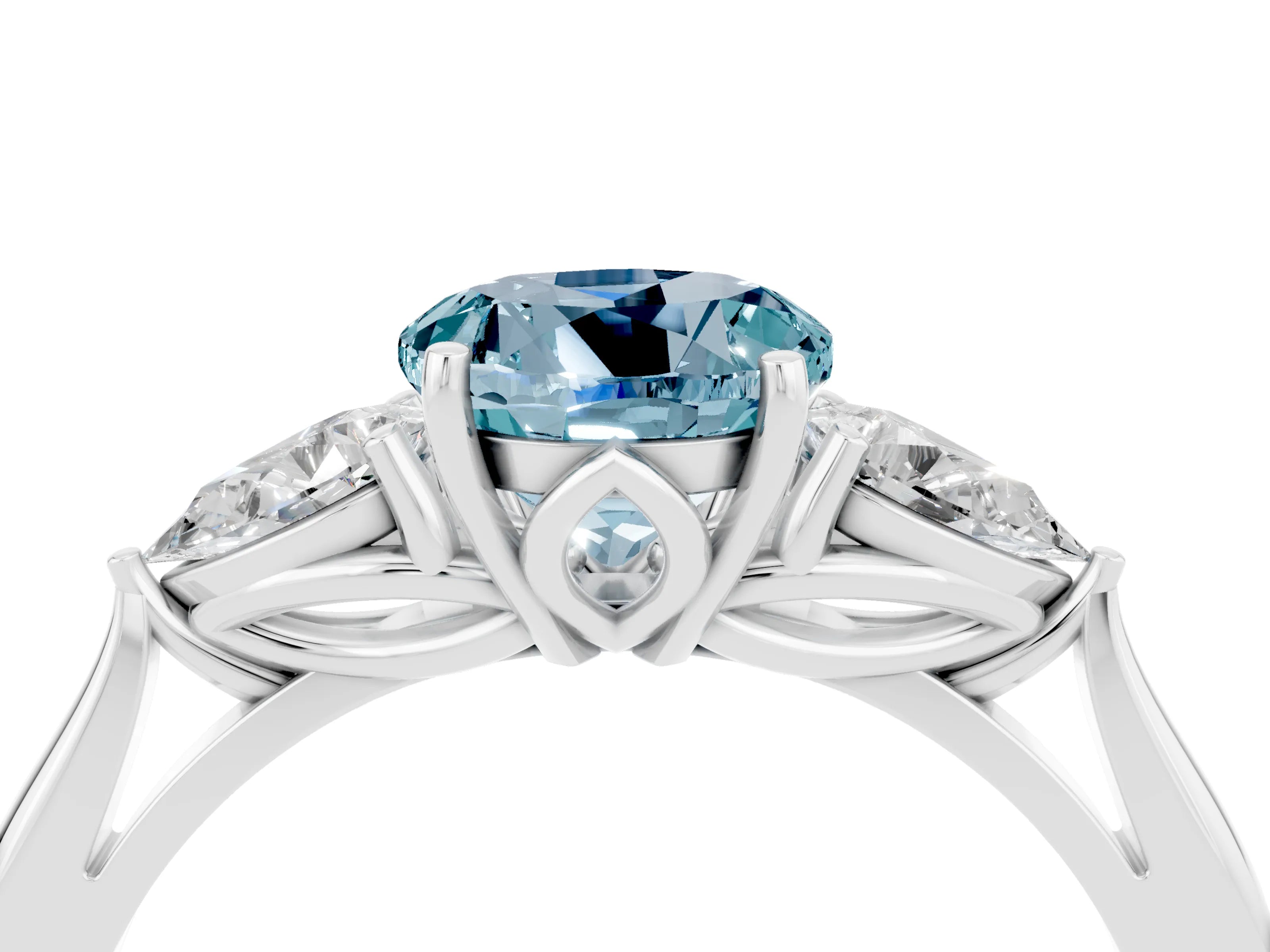 White gold Three-Stone Round Cut Cut Diamond Ring with Pear Side Stones in Four-Prong Setting_4