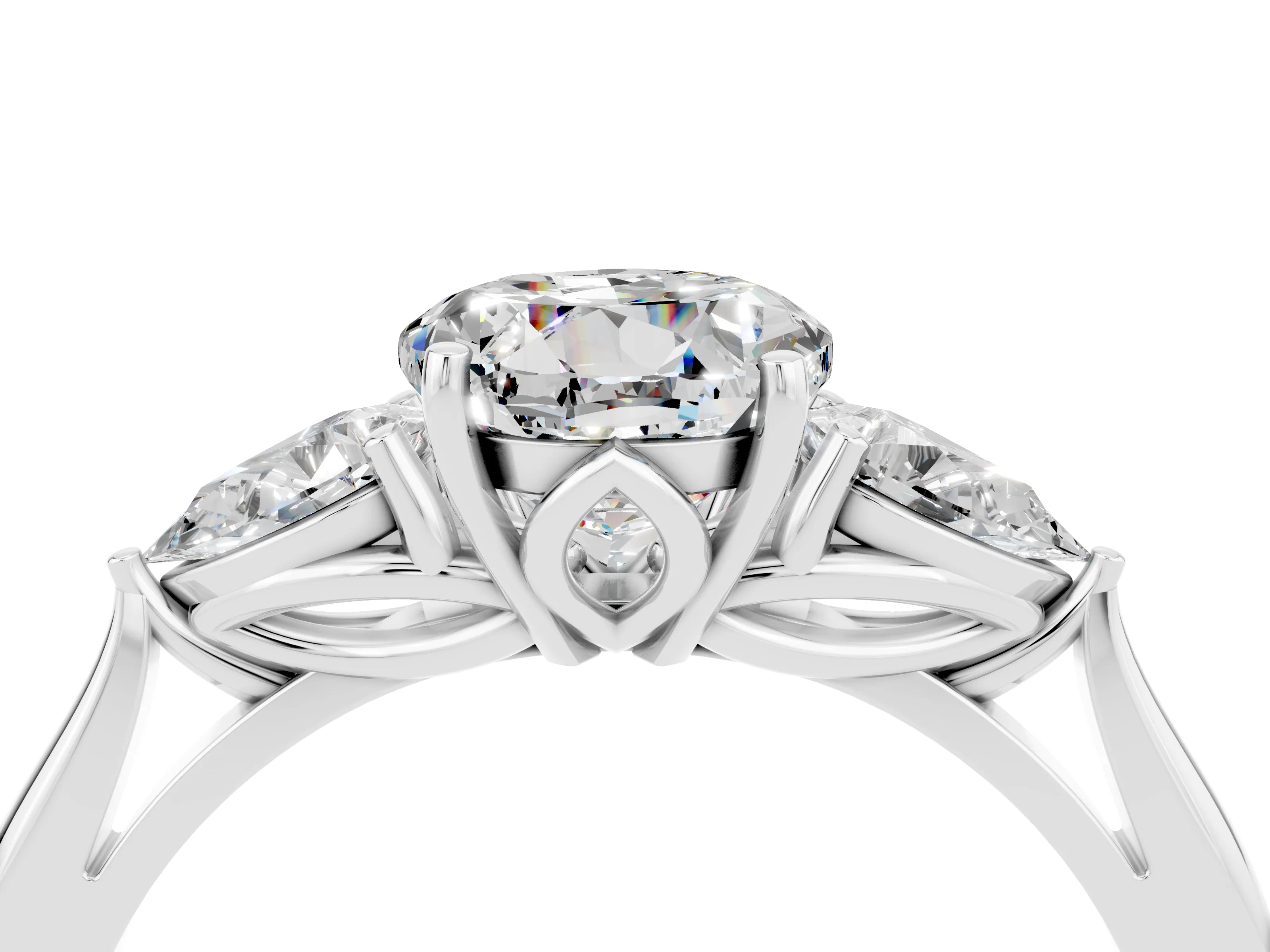 White gold Three-Stone Round Cut Cut Diamond Ring with Pear Side Stones in Four-Prong Setting_4