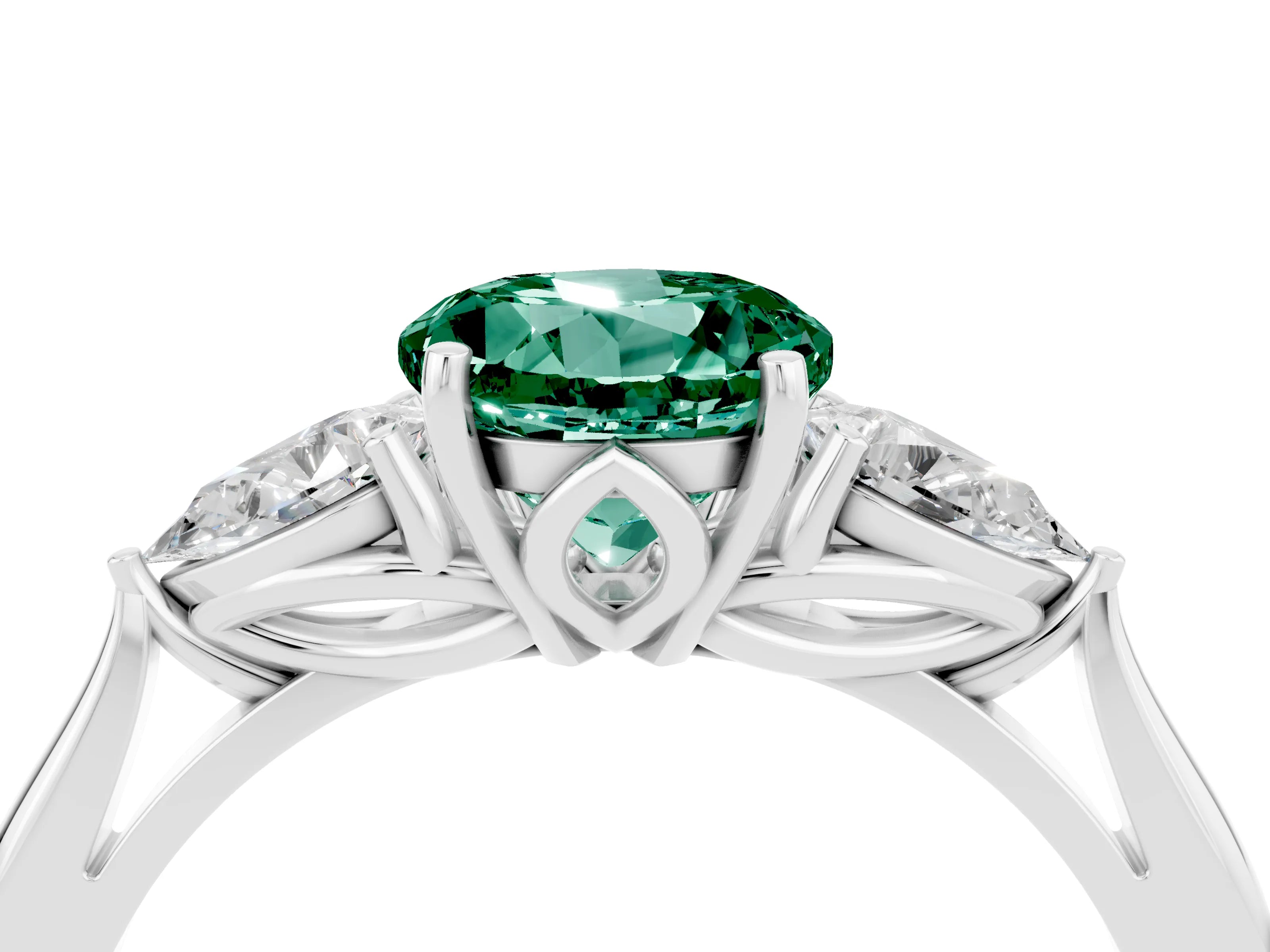 White gold Three-Stone Round Cut Cut Diamond Ring with Pear Side Stones in Four-Prong Setting_4