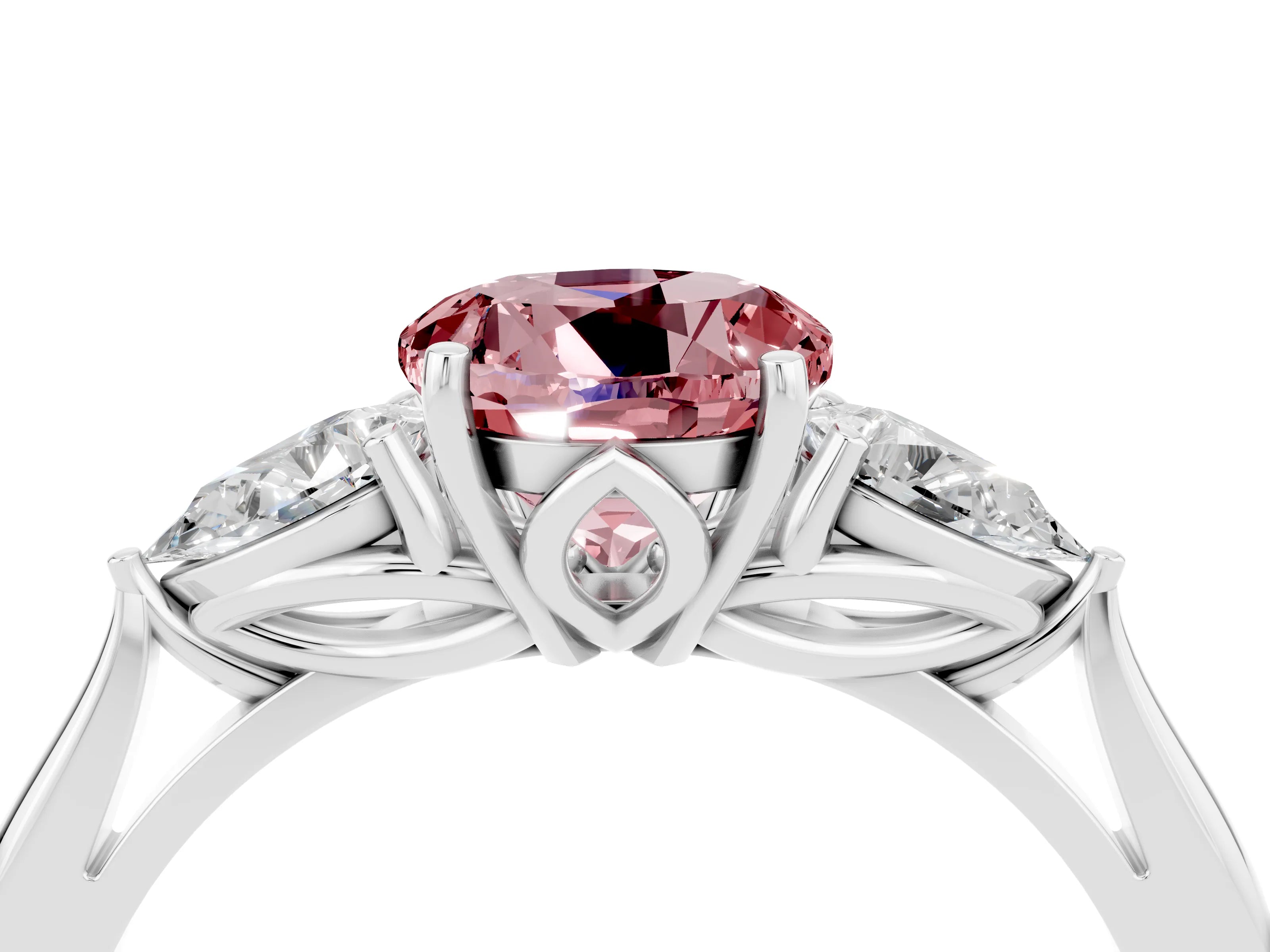 White gold Three-Stone Round Cut Cut Diamond Ring with Pear Side Stones in Four-Prong Setting_4