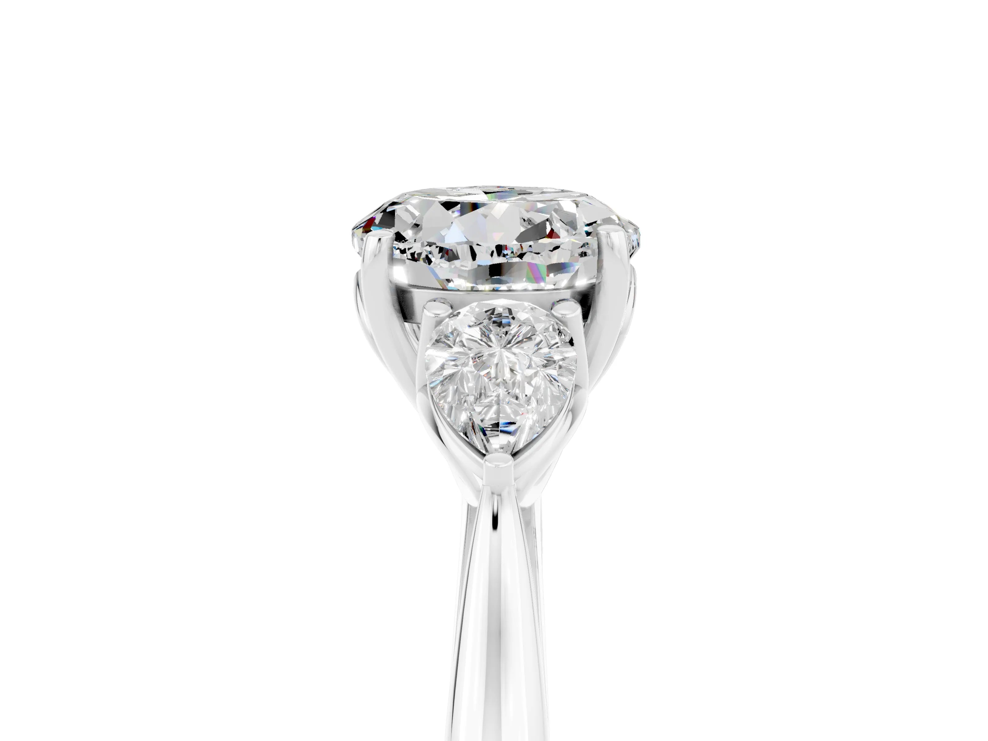 White gold Three-Stone Round Cut Cut Diamond Ring with Pear Side Stones in Four-Prong Setting_5