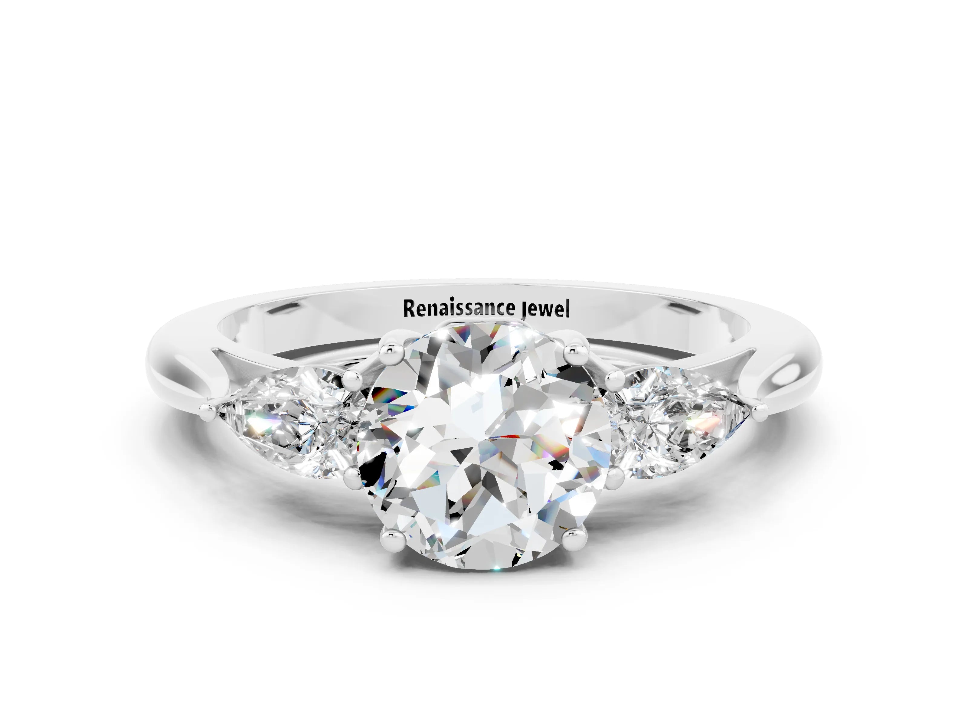 White gold Three-Stone Round Cut Cut Diamond Ring with Pear Side Stones in Four-Prong Setting