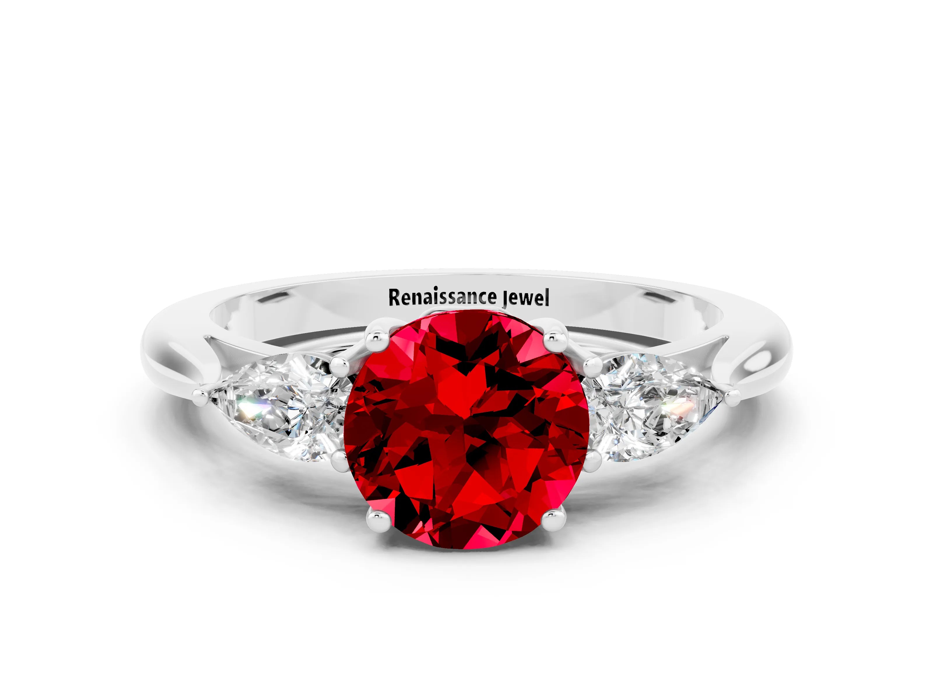 White gold Three-Stone Round Cut Cut Diamond Ring with Pear Side Stones in Four-Prong Setting
