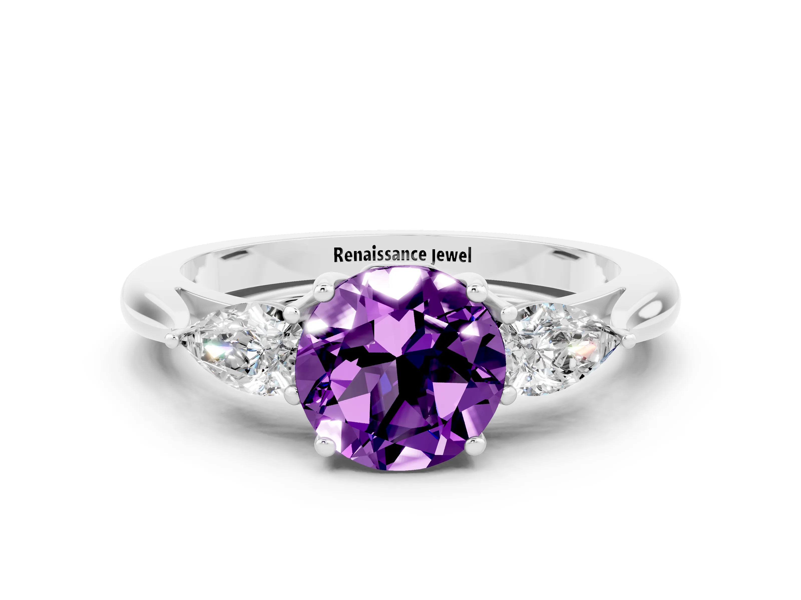 White gold Three-Stone Round Cut Cut Diamond Ring with Pear Side Stones in Four-Prong Setting
