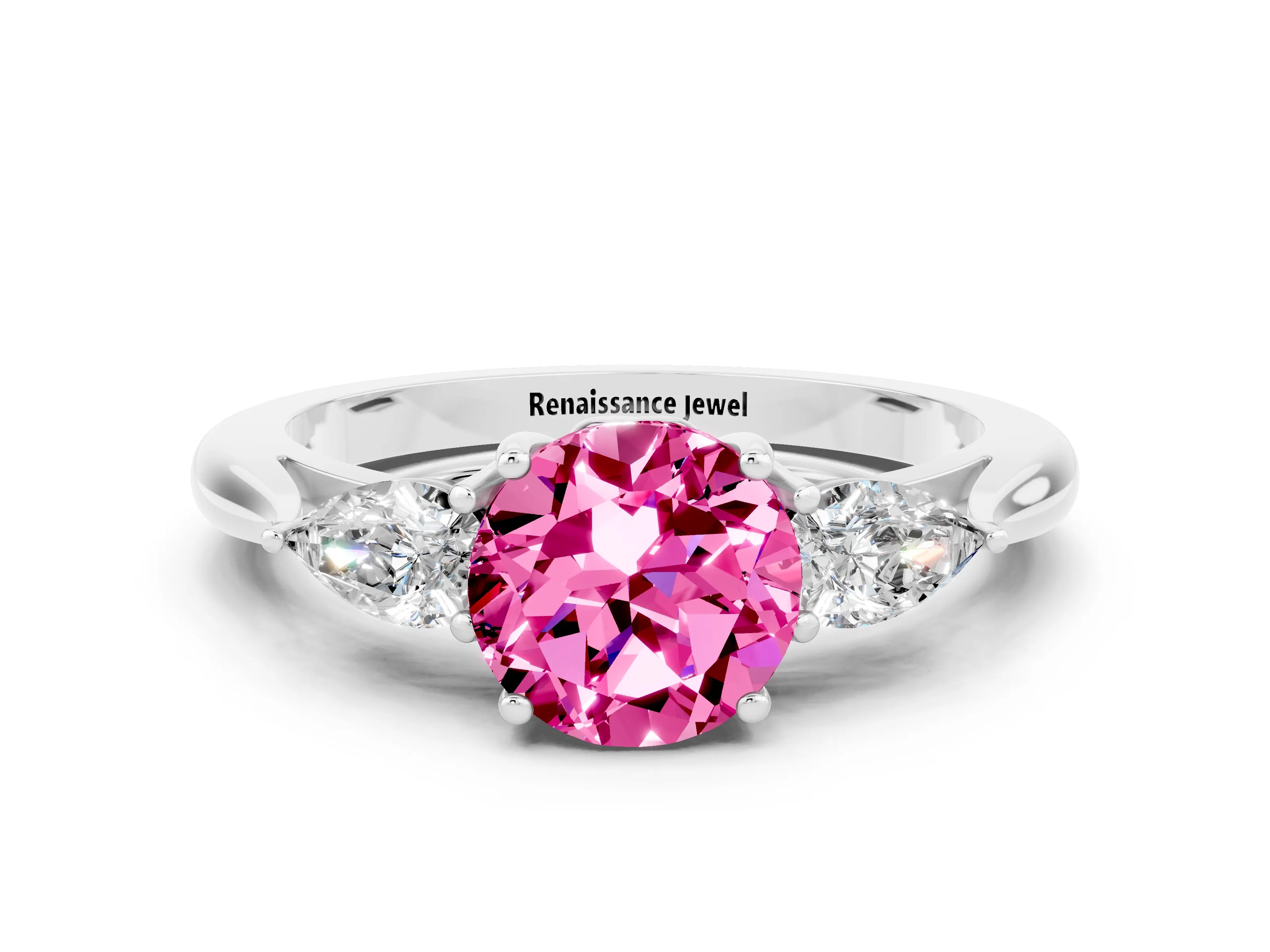 White gold Three-Stone Round Cut Cut Diamond Ring with Pear Side Stones in Four-Prong Setting