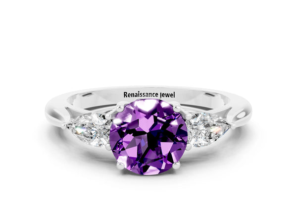Silver Three-Stone Round Cut Amethyst Ring with Pear  Side Stones in Four-Prong Setting