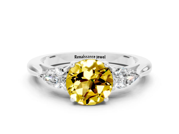 Platinum Three-Stone Round Cut Yellow Sapphire Ring with Pear  Side Stones in Four-Prong Setting