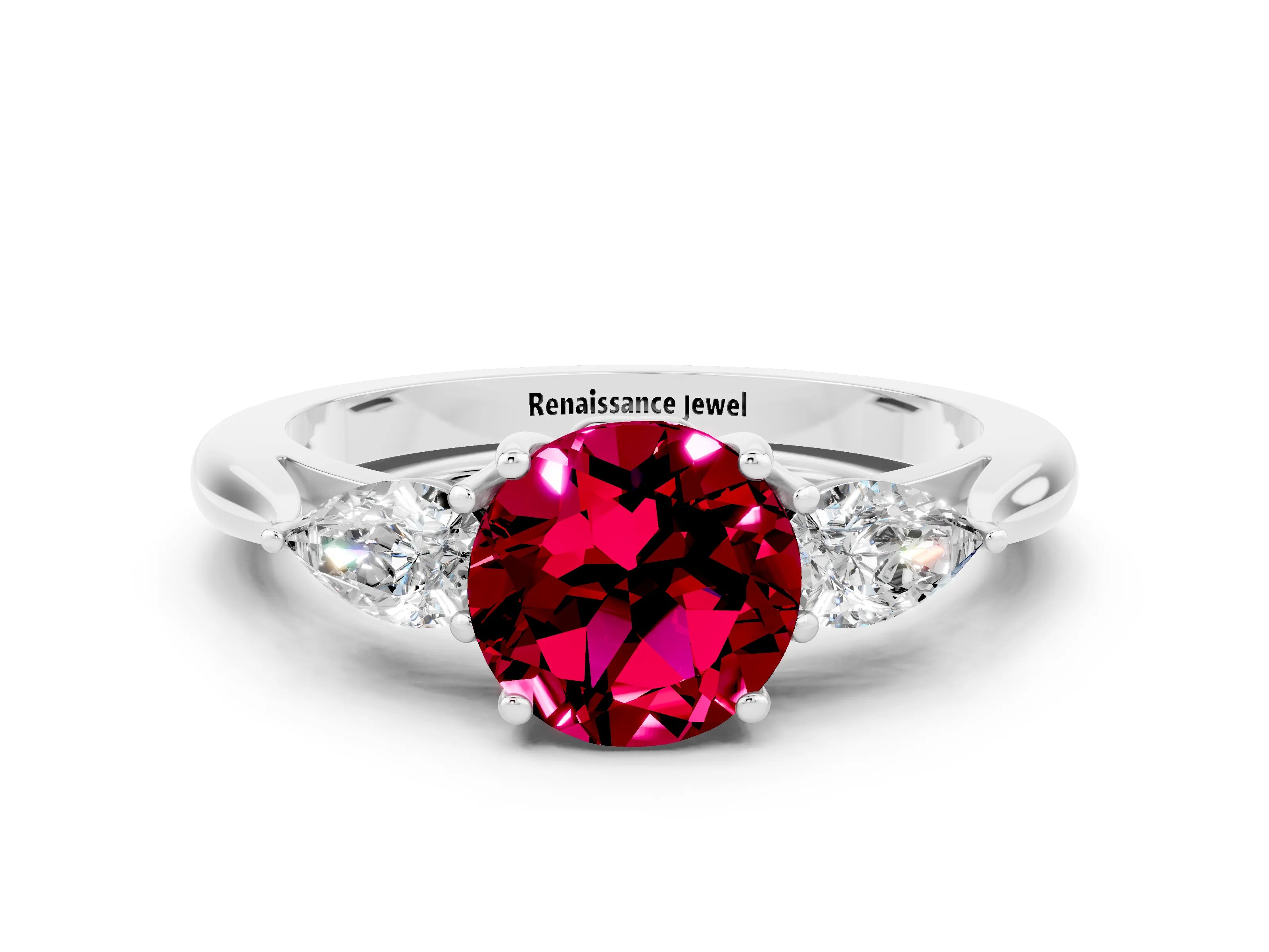 White gold Three-Stone Round Cut Cut Diamond Ring with Pear Side Stones in Four-Prong Setting