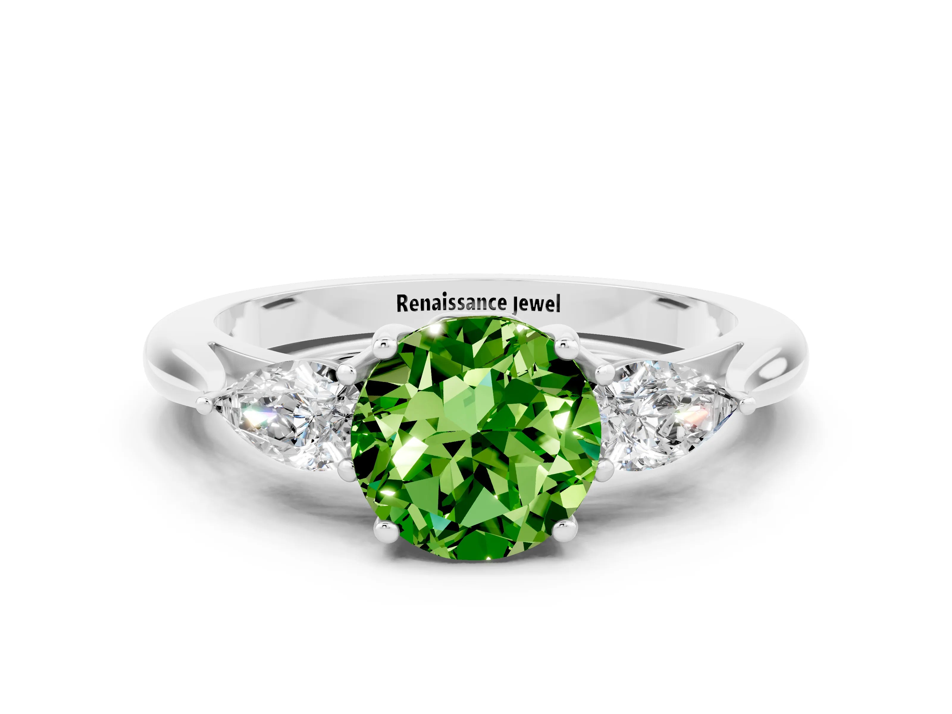 White gold Three-Stone Round Cut Cut Diamond Ring with Pear Side Stones in Four-Prong Setting