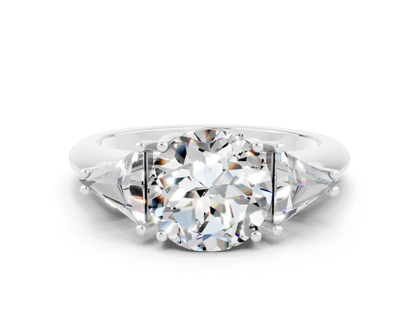 Platinum Three-Stone Round Cut Moissanite Engagement Ring with Trillion Side Stones and Prong Setting