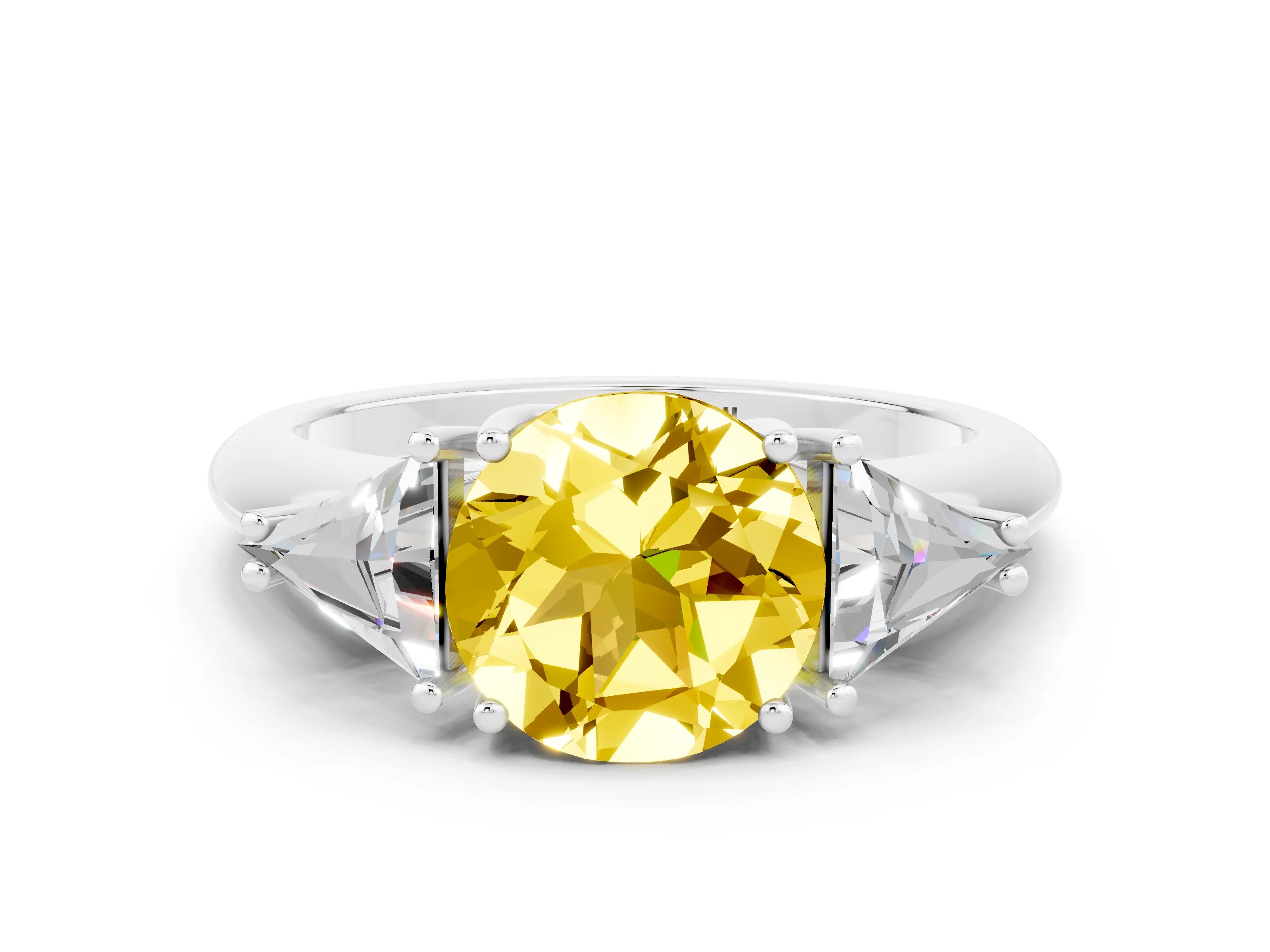White gold Three-Stone Round Cut Cut Diamond Ring with Trillion Side Stones and Four-Prong Setting