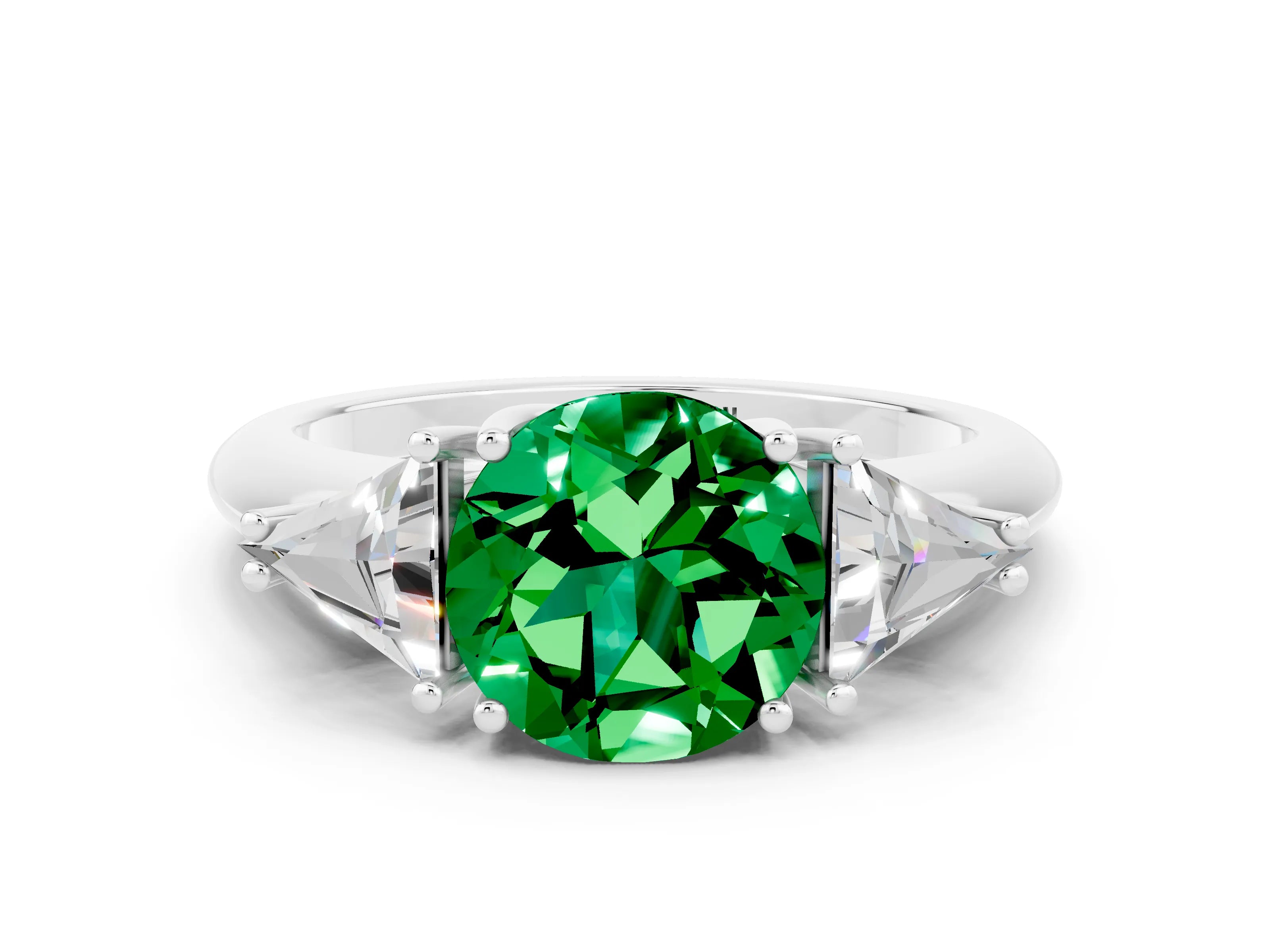 White gold Three-Stone Round Cut Cut Diamond Ring with Trillion Side Stones and Four-Prong Setting