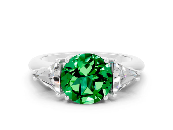 Platinum Three-Stone Round Cut Emerald Engagement Ring with Trillion Side Stones and Prong Setting