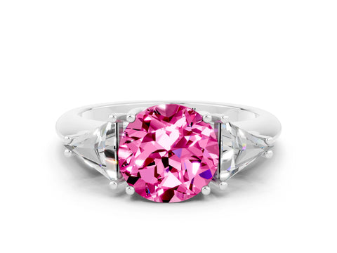 White gold Three-Stone Round Cut Cut Diamond Ring with Trillion Side Stones and Four-Prong Setting