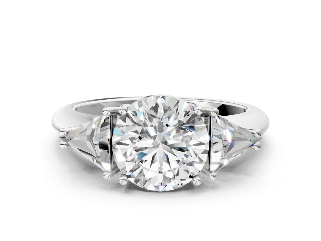 White gold Three-Stone Round Cut Cut Diamond Ring with Trillion Side Stones and Four-Prong Setting_15