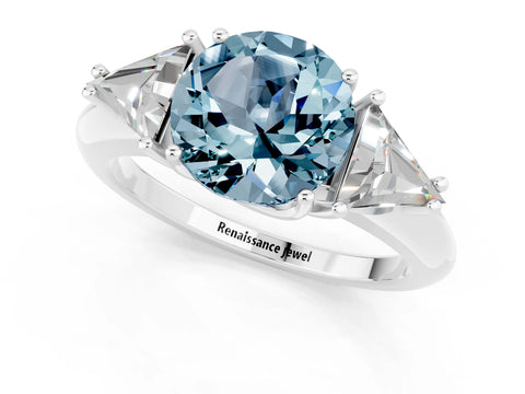 White gold Three-Stone Round Cut Cut Diamond Ring with Trillion Side Stones and Four-Prong Setting_1