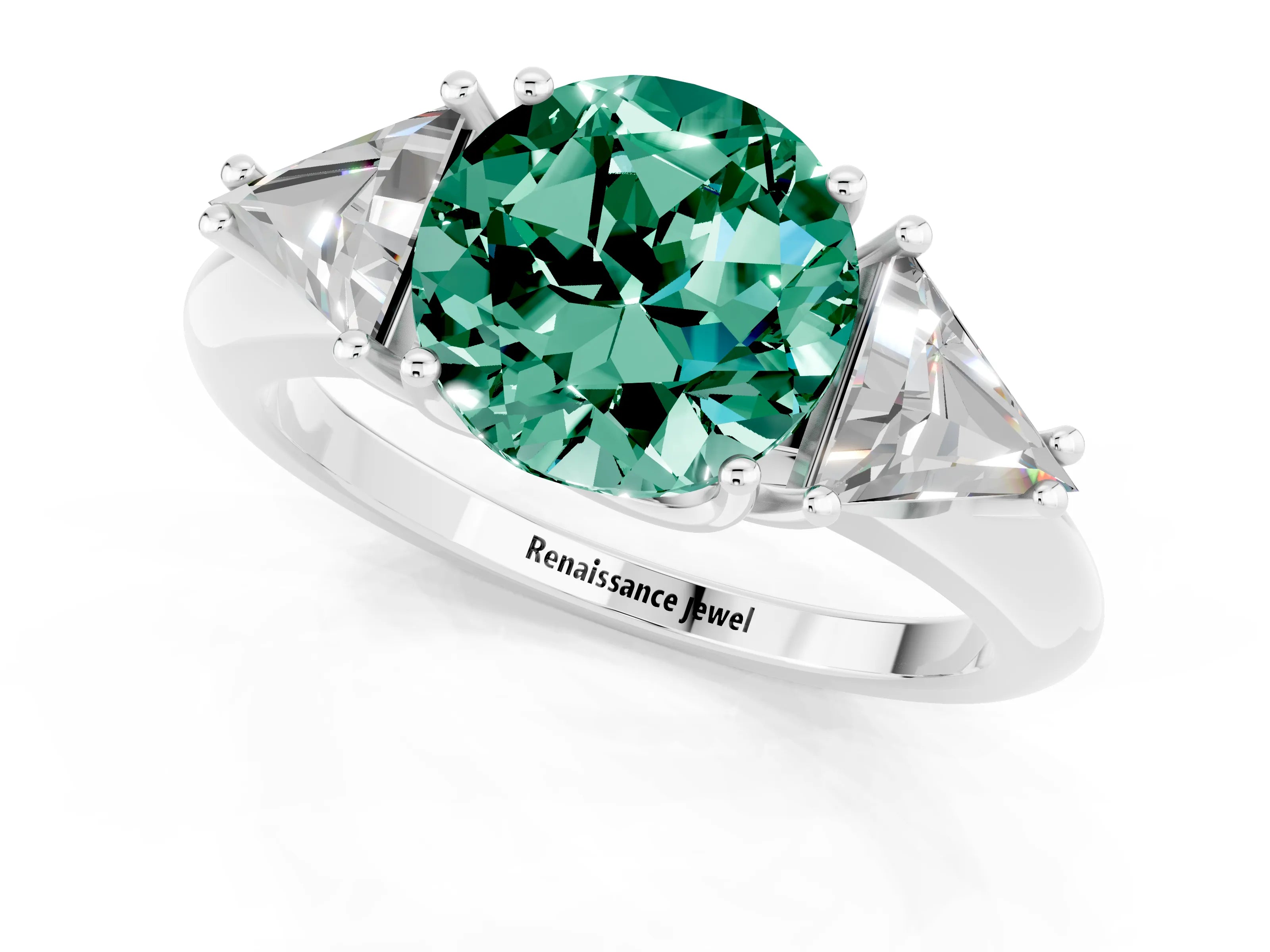 White gold Three-Stone Round Cut Cut Diamond Ring with Trillion Side Stones and Four-Prong Setting_1
