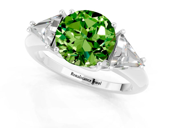 Platinum Three-Stone Round Cut Cut Diamond Ring with Trillion Side Stones and Four-Prong Setting