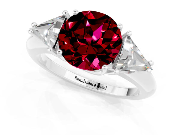 White gold Three-Stone Round Cut Garnet Engagement Ring with Trillion Side Stones and Prong Setting