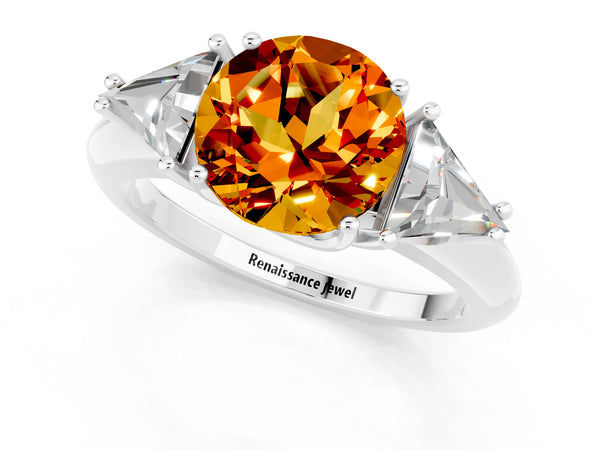 White gold Three-Stone Round Cut Citrine Engagement Ring with Trillion Side Stones and Prong Setting