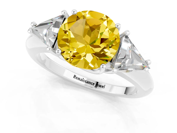 White gold Three-Stone Round Cut Yellow Sapphire Engagement Ring with Trillion Side Stones and Prong Setting