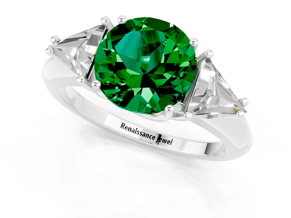Silver Three-Stone Round Cut Emerald Engagement Ring with Trillion Side Stones and Prong Setting
