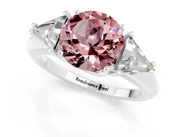 Silver Three-Stone Round Cut Cut Diamond Ring with Trillion Side Stones and Four-Prong Setting