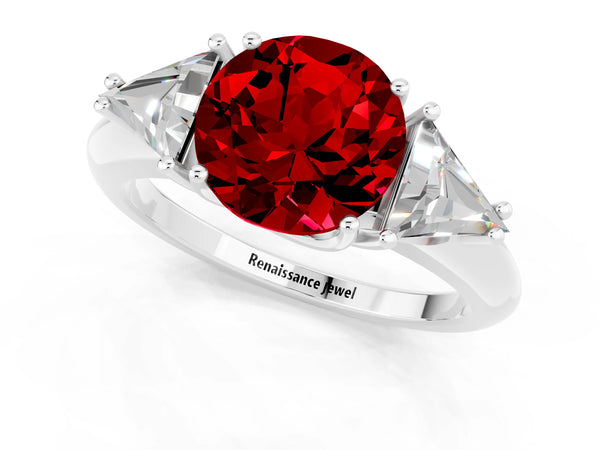 White gold Three-Stone Round Cut Ruby Engagement Ring with Trillion Side Stones and Prong Setting