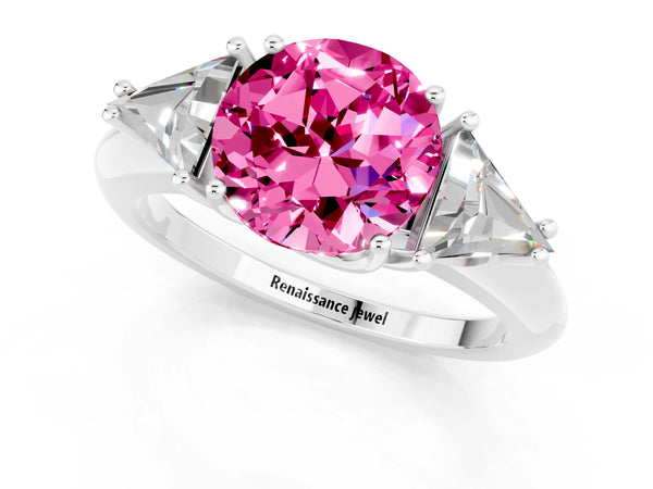 Platinum Three-Stone Round Cut Cut Diamond Ring with Trillion Side Stones and Four-Prong Setting