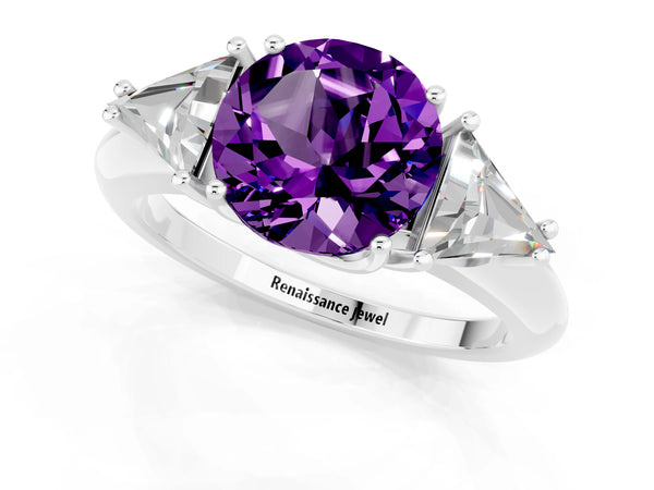 White gold Three-Stone Round Cut Amethyst Engagement Ring with Trillion Side Stones and Prong Setting