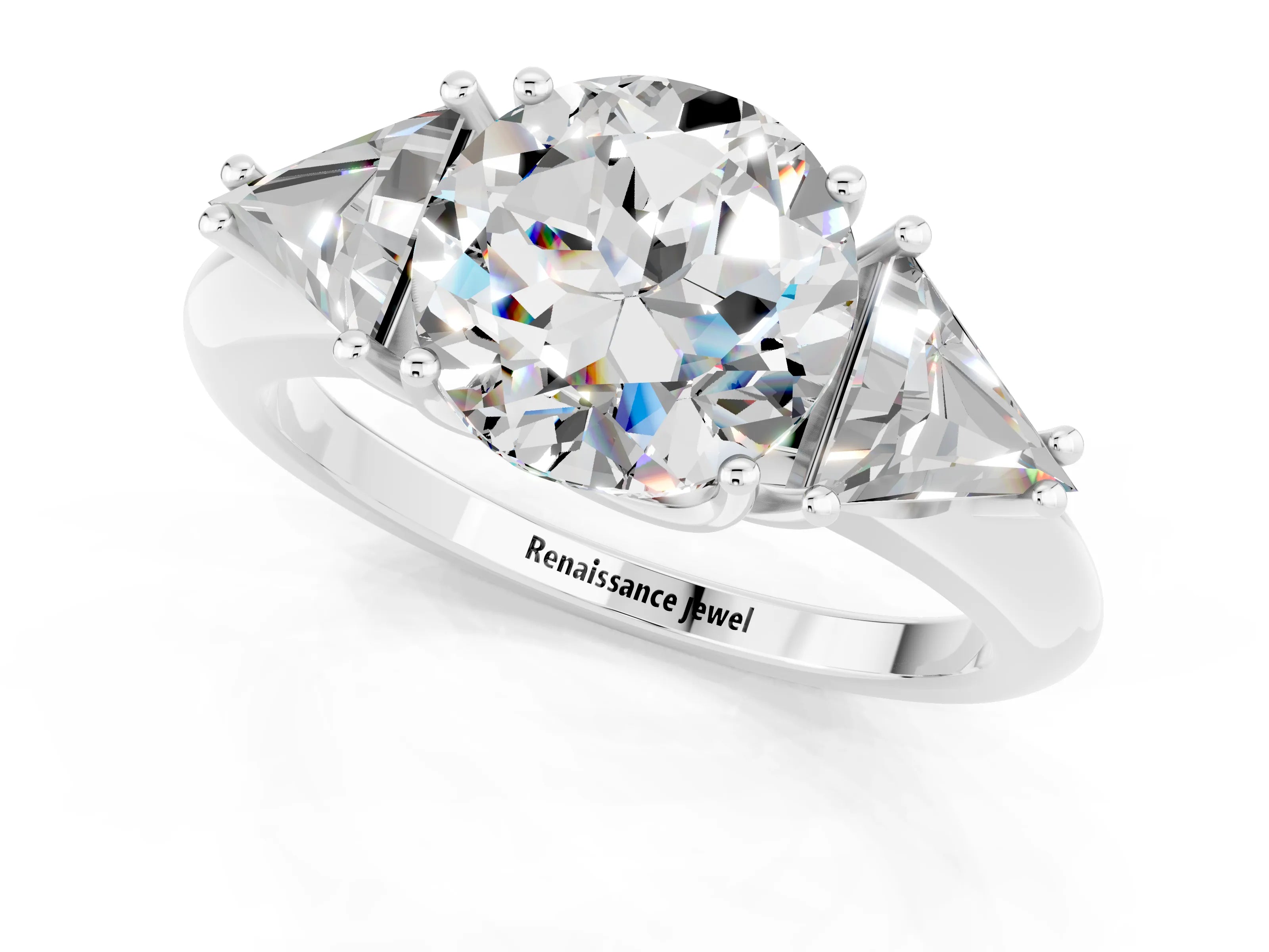 White gold Three-Stone Round Cut Cut Diamond Ring with Trillion Side Stones and Four-Prong Setting_1
