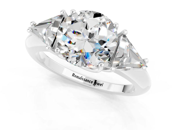 Platinum Three-Stone Round Cut Moissanite Engagement Ring with Trillion Side Stones and Prong Setting