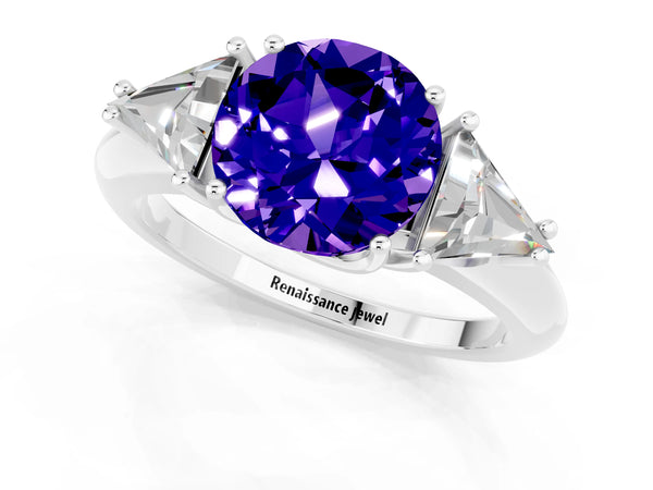 White gold Three-Stone Round Cut Tanzanite Engagement Ring with Trillion Side Stones and Prong Setting