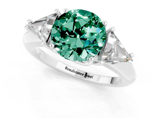Silver Three-Stone Round Cut Green Sapphire Engagement Ring with Trillion Side Stones and Prong Setting