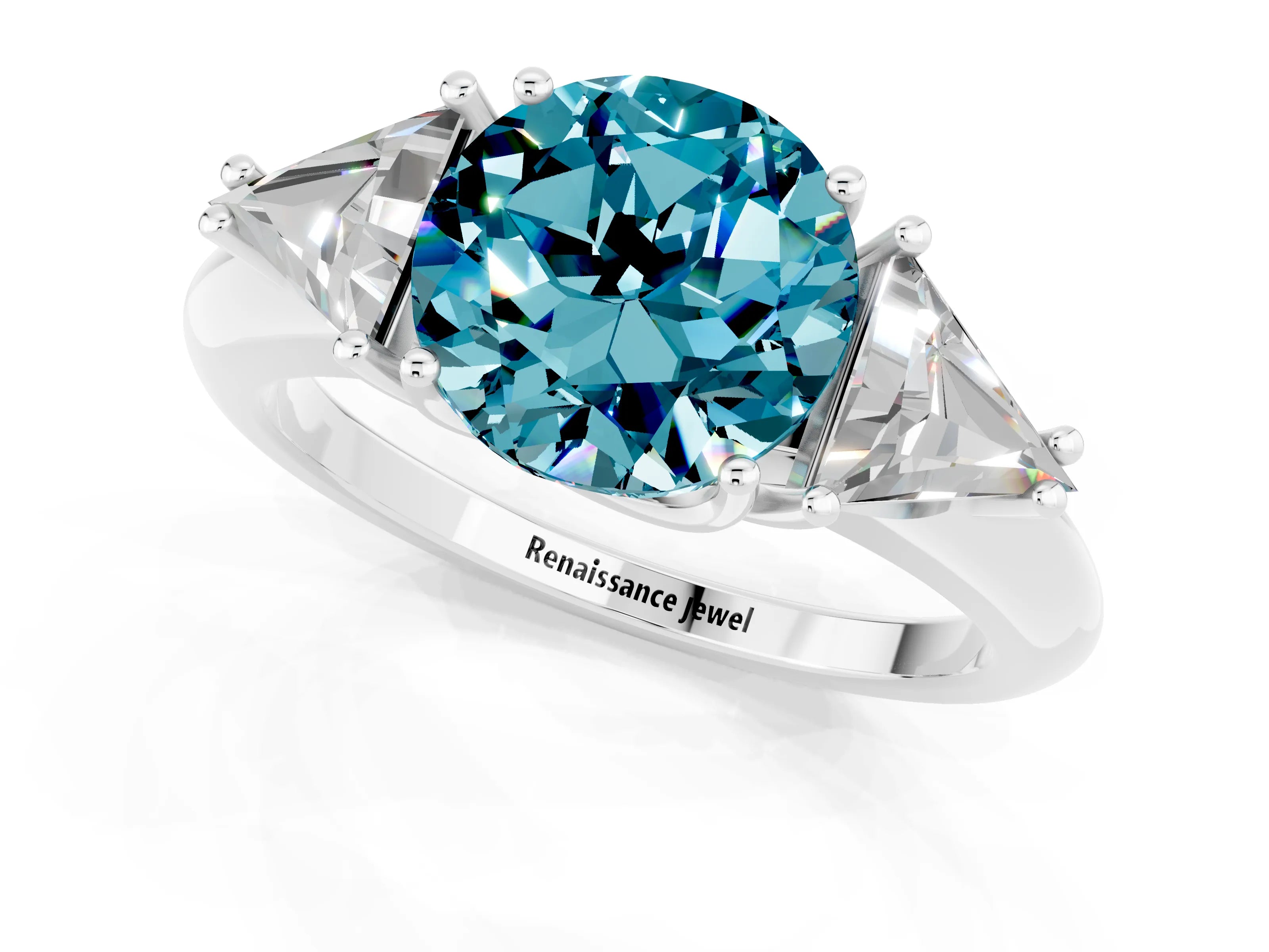 White gold Three-Stone Round Cut Cut Diamond Ring with Trillion Side Stones and Four-Prong Setting_1
