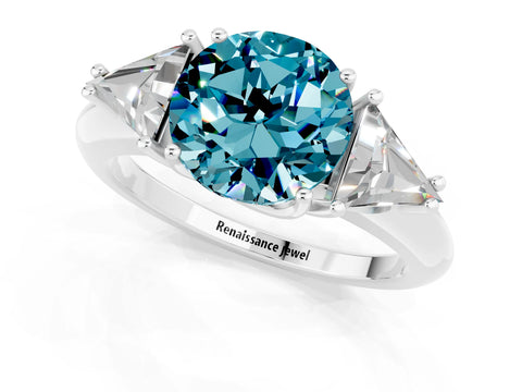 White gold Three-Stone Round Cut Cut Diamond Ring with Trillion Side Stones and Four-Prong Setting_1
