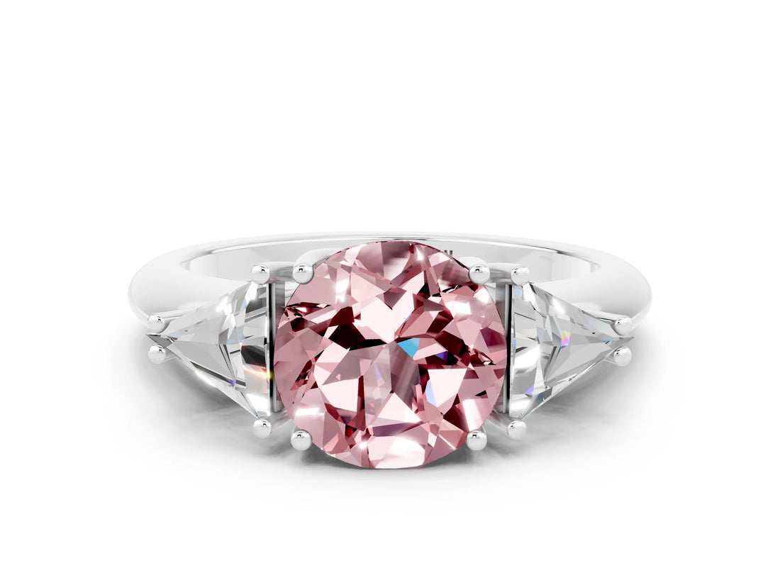 White gold Three-Stone Round Cut Cut Diamond Ring with Trillion Side Stones and Four-Prong Setting