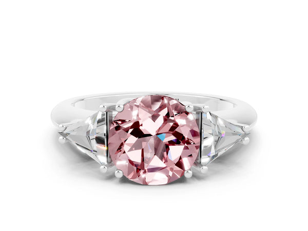 Silver Three-Stone Round Cut Cut Diamond Ring with Trillion Side Stones and Four-Prong Setting