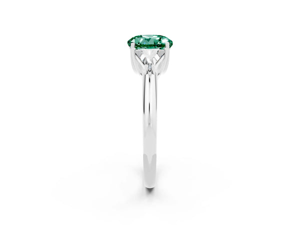 Platinum Three-Stone Round Cut Green Sapphire Engagement Ring with Trillion Side Stones and Prong Setting