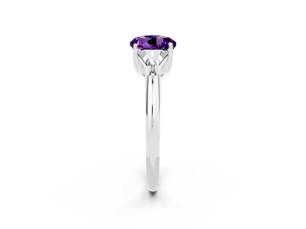 White gold Three-Stone Round Cut Amethyst Engagement Ring with Trillion Side Stones and Prong Setting