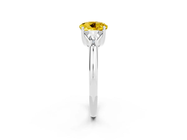 White gold Three-Stone Round Cut Yellow Sapphire Engagement Ring with Trillion Side Stones and Prong Setting