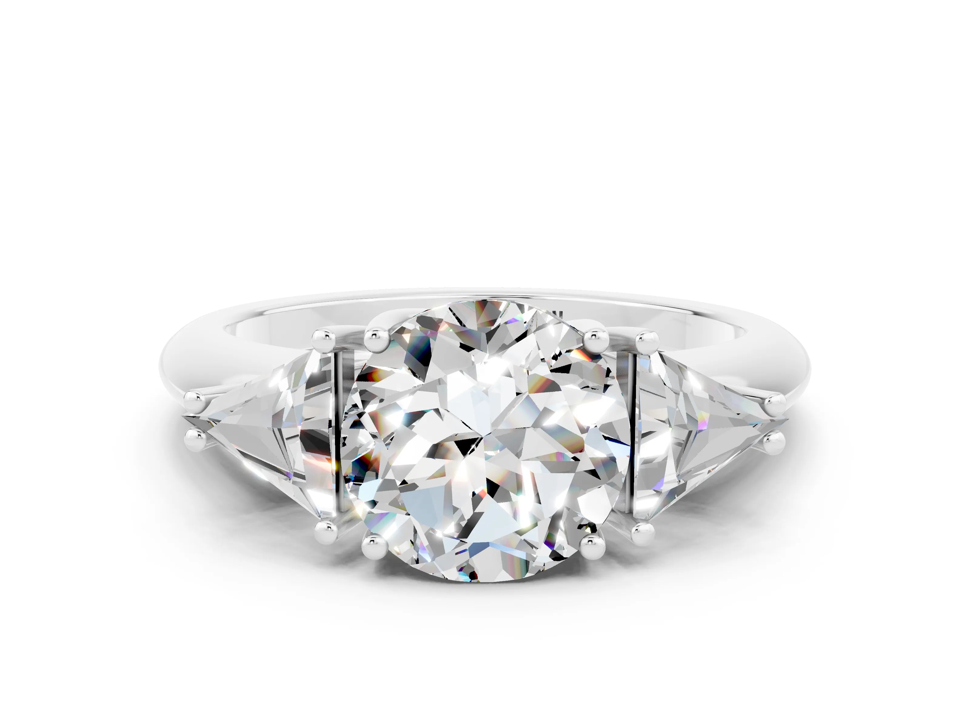 White gold Three-Stone Round Cut Cut Diamond Ring with Trillion Side Stones and Four-Prong Setting