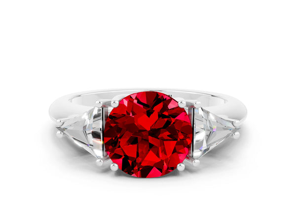 Platinum Three-Stone Round Cut Ruby Engagement Ring with Trillion Side Stones and Prong Setting