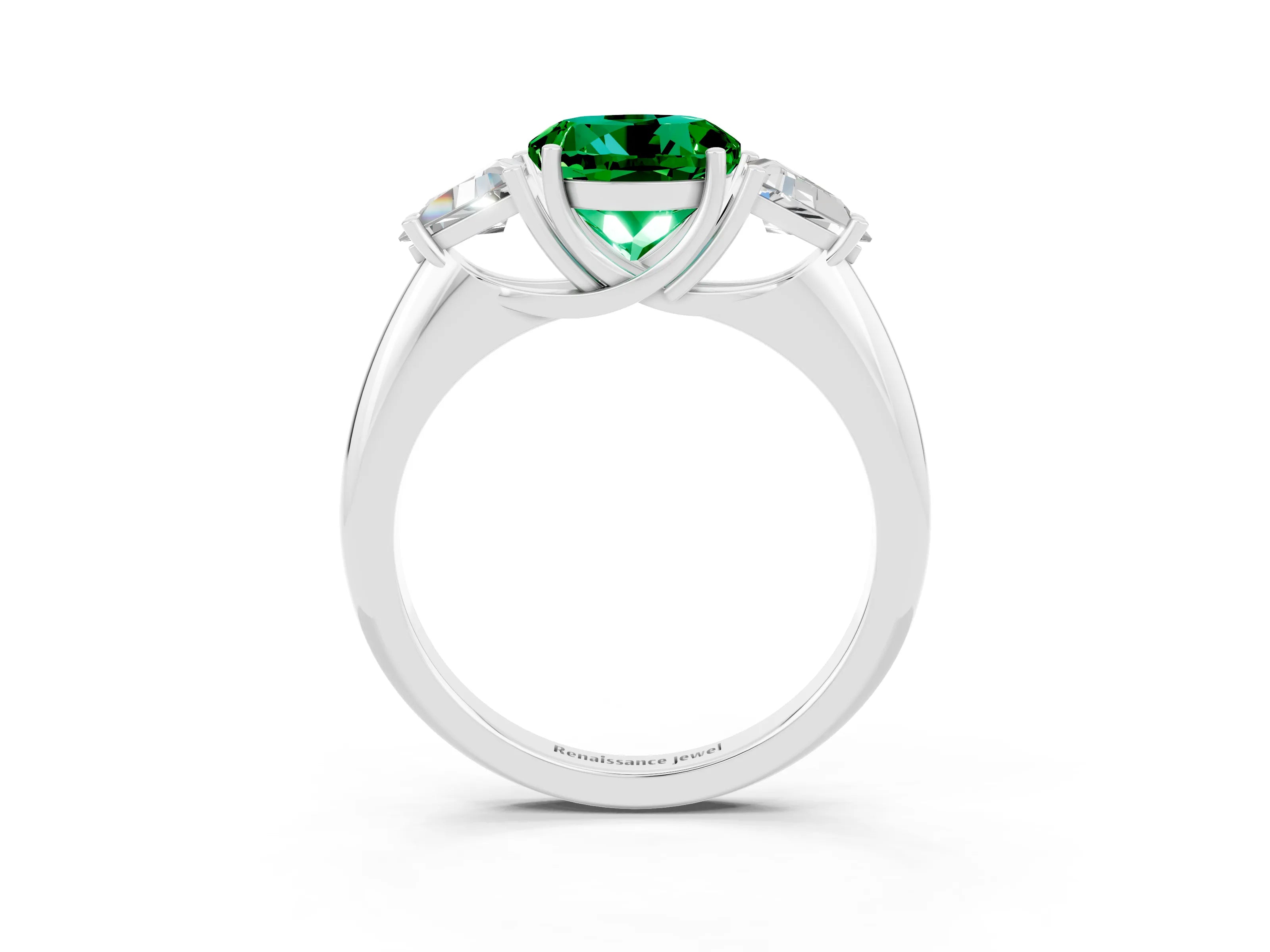 White gold Three-Stone Round Cut Cut Diamond Ring with Trillion Side Stones and Four-Prong Setting_3