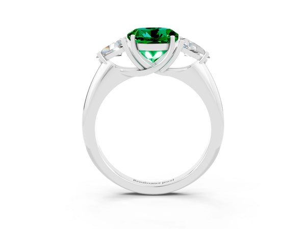 Platinum Three-Stone Round Cut Emerald Engagement Ring with Trillion Side Stones and Prong Setting