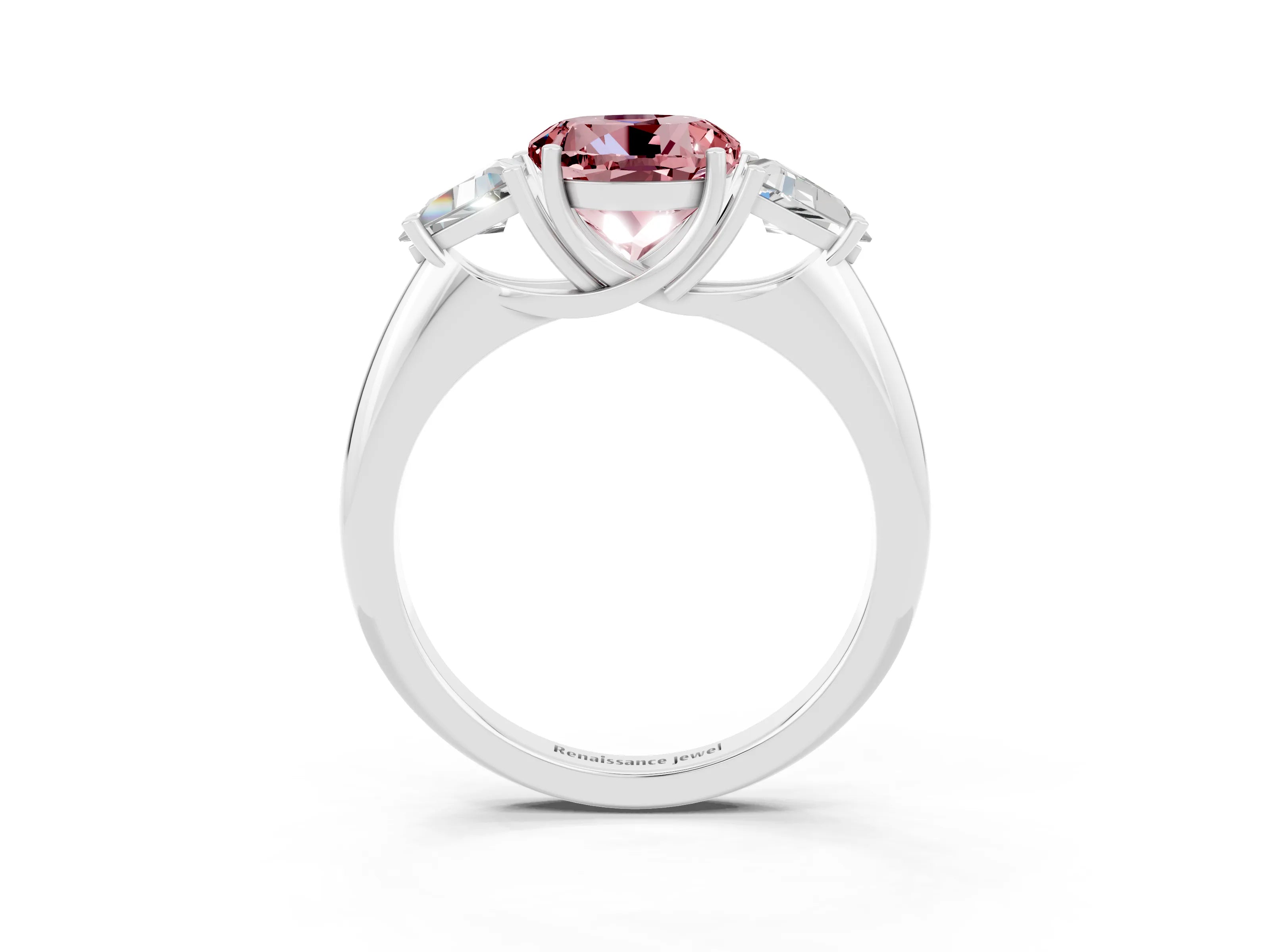 White gold Three-Stone Round Cut Cut Diamond Ring with Trillion Side Stones and Four-Prong Setting_3
